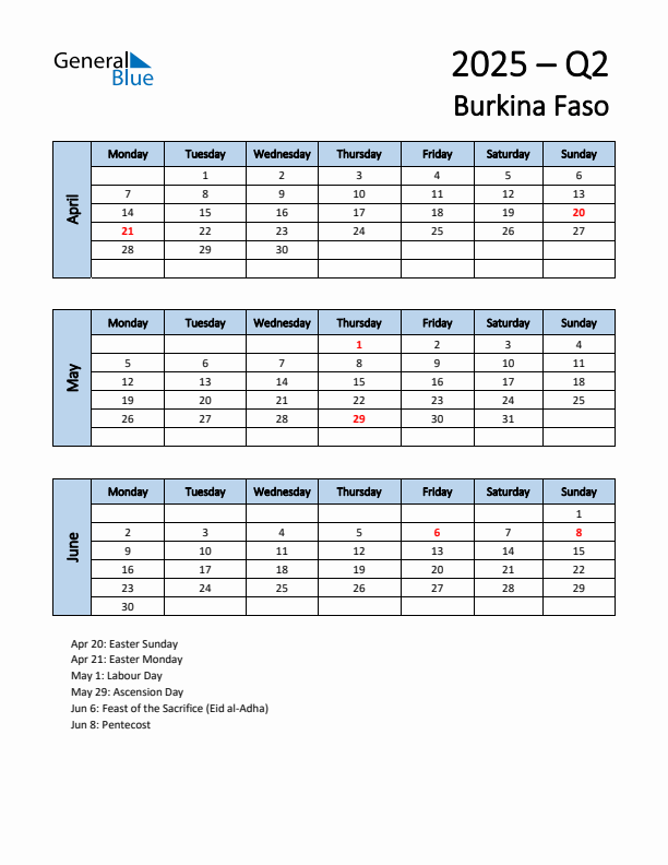 Free Q2 2025 Calendar for Burkina Faso - Monday Start