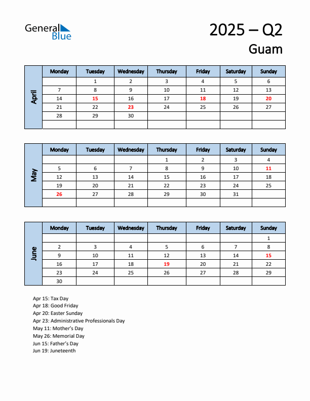 Free Q2 2025 Calendar for Guam - Monday Start