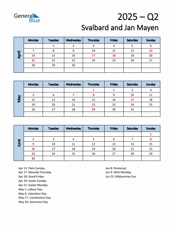 Free Q2 2025 Calendar for Svalbard and Jan Mayen - Monday Start