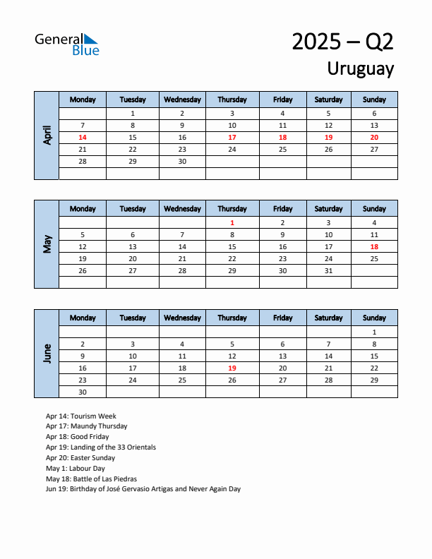 Free Q2 2025 Calendar for Uruguay - Monday Start