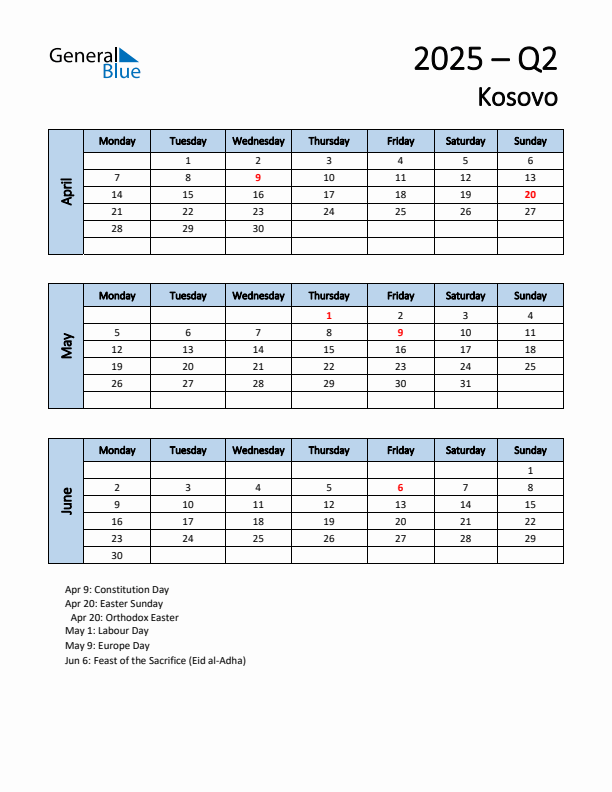 Free Q2 2025 Calendar for Kosovo - Monday Start