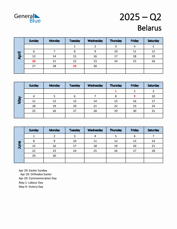 Free Q2 2025 Calendar for Belarus - Sunday Start