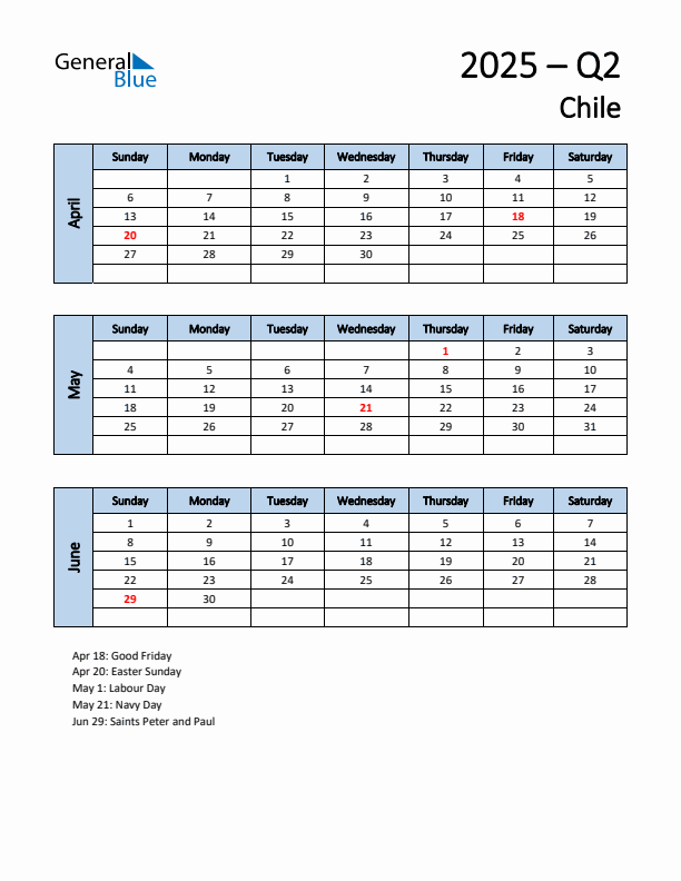 Free Q2 2025 Calendar for Chile - Sunday Start