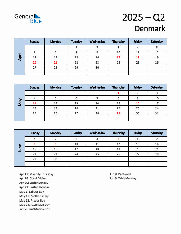 Free Q2 2025 Calendar for Denmark - Sunday Start