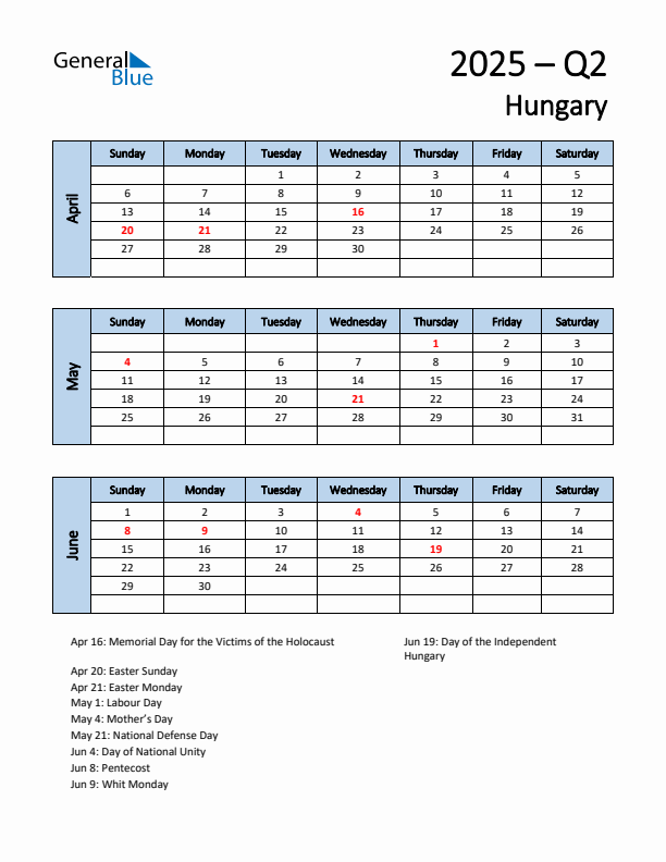 Free Q2 2025 Calendar for Hungary - Sunday Start