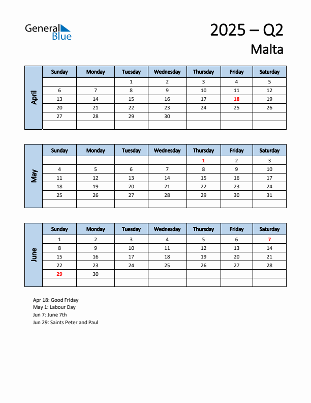 Free Q2 2025 Calendar for Malta - Sunday Start