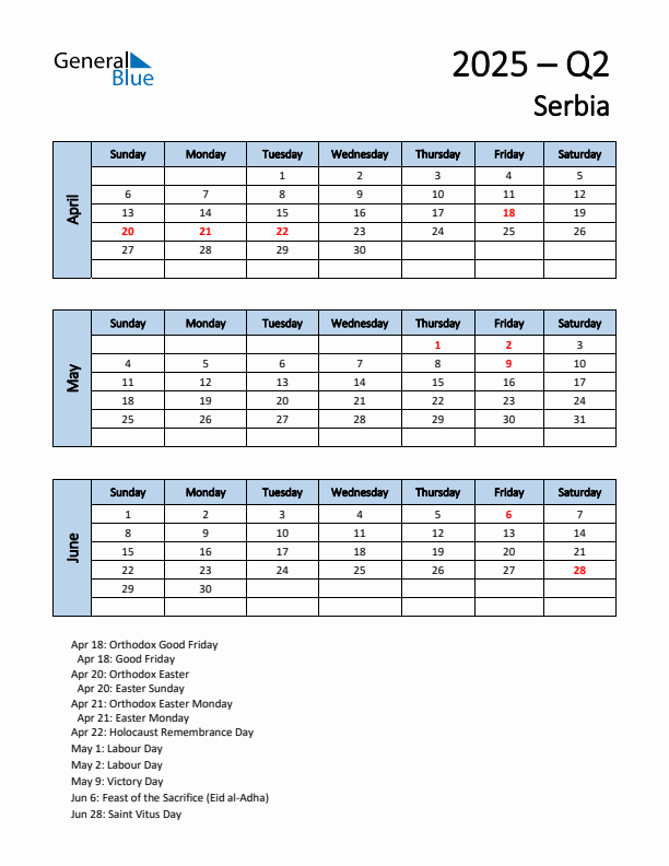 Free Q2 2025 Calendar for Serbia - Sunday Start