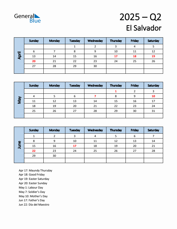 Free Q2 2025 Calendar for El Salvador - Sunday Start