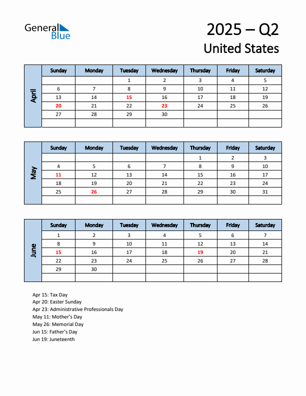 Free Q2 2025 Calendar for United States - Sunday Start