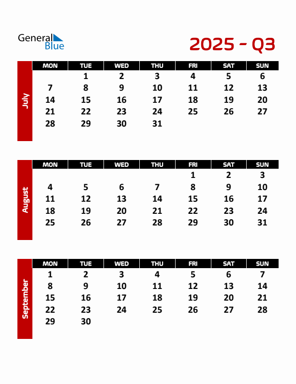 Editable Quarterly Calendar (Monday Start)