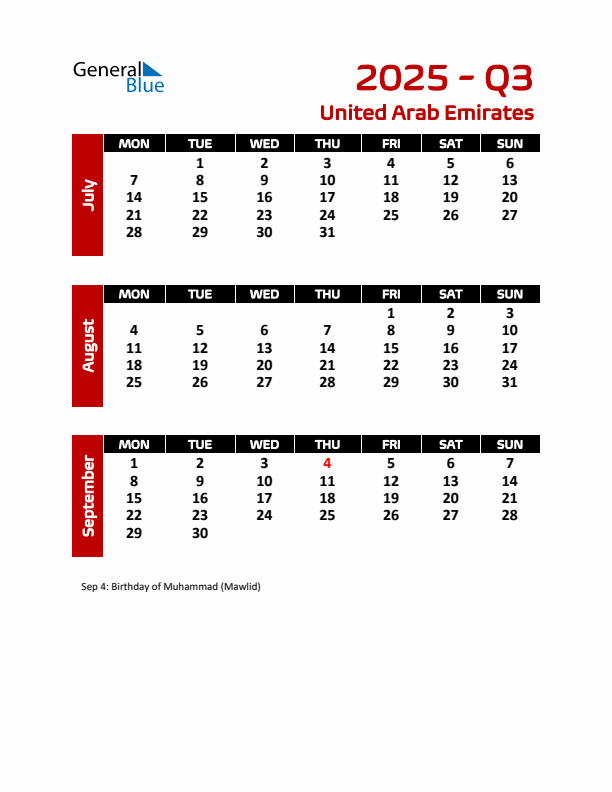 Q3 2025 Calendar with Holidays in United Arab Emirates