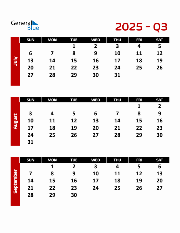 Editable Quarterly Calendar (Sunday Start)