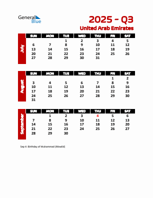 United Arab Emirates Quarter 3 2025 calendar template