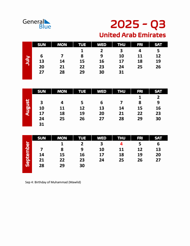 Q3 2025 Calendar with Holidays in United Arab Emirates