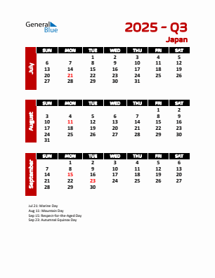 Japan Quarter 3 2025 calendar template