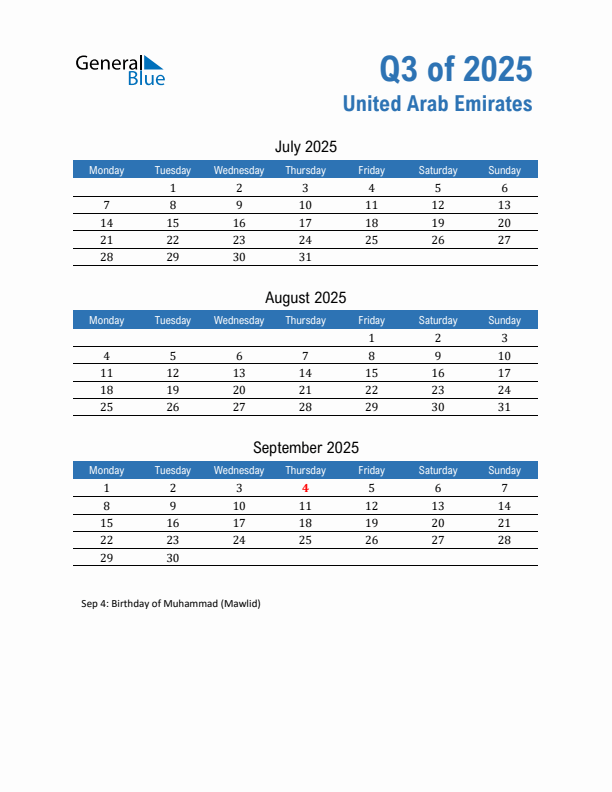 United Arab Emirates Q3 2025 Quarterly Calendar with Monday Start