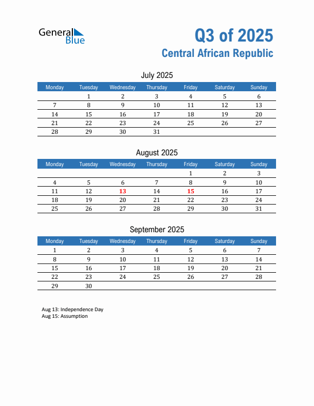 Central African Republic Q3 2025 Quarterly Calendar with Monday Start