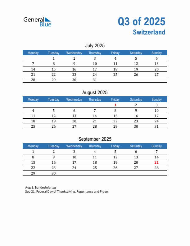 Switzerland Q3 2025 Quarterly Calendar with Monday Start