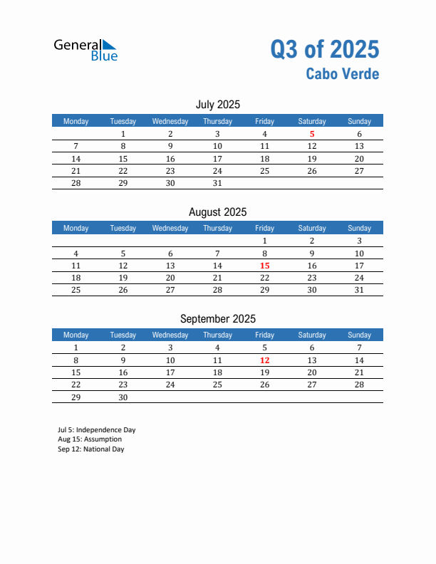 Cabo Verde Q3 2025 Quarterly Calendar with Monday Start