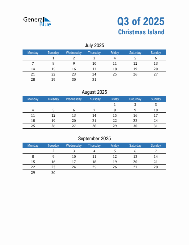 Christmas Island Q3 2025 Quarterly Calendar with Monday Start