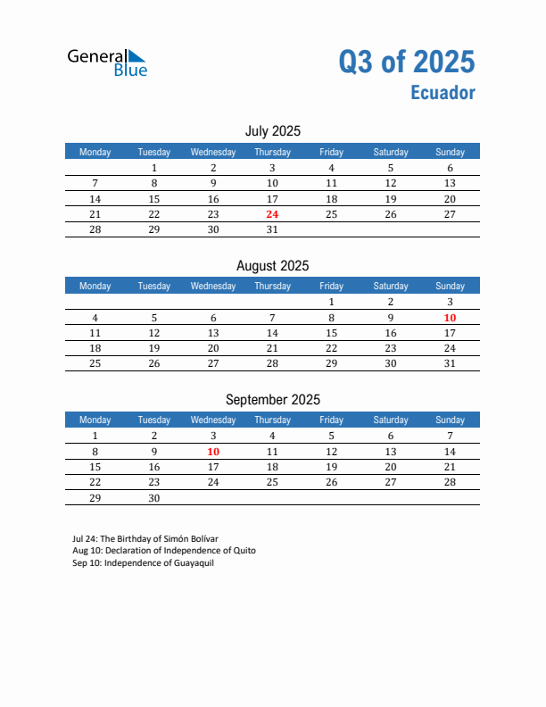 Ecuador Q3 2025 Quarterly Calendar with Monday Start