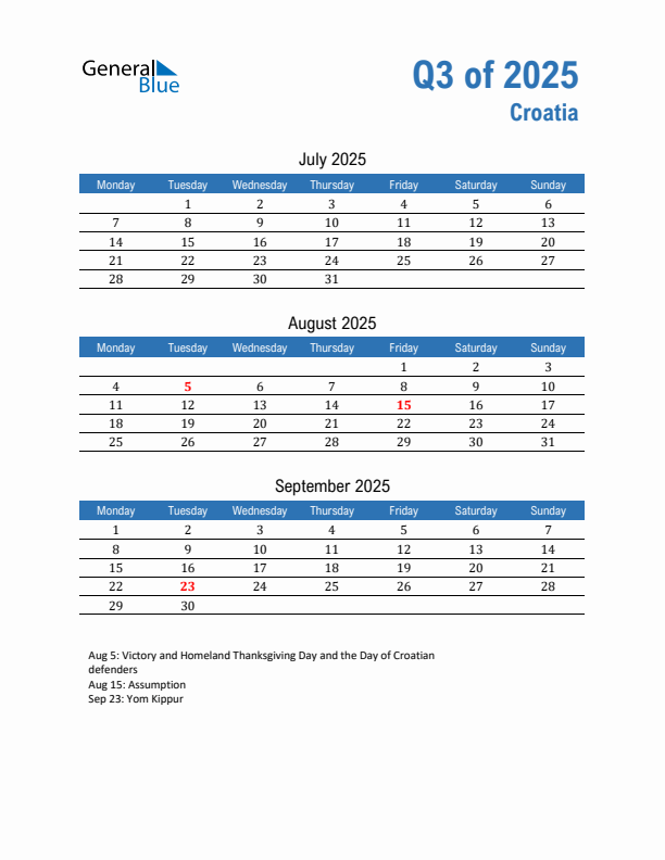 Croatia Q3 2025 Quarterly Calendar with Monday Start