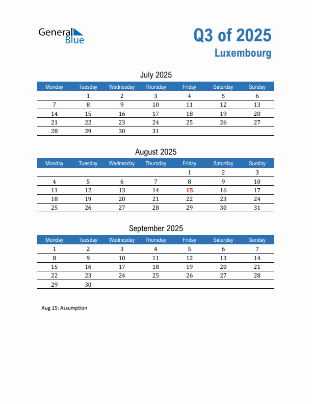 Luxembourg Q3 2025 Quarterly Calendar with Monday Start