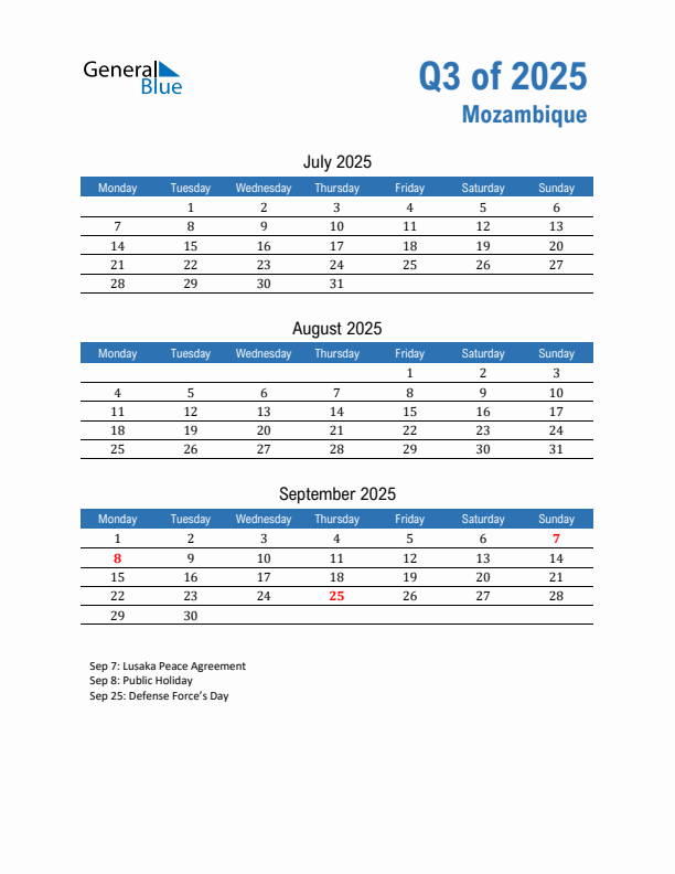 Mozambique Q3 2025 Quarterly Calendar with Monday Start