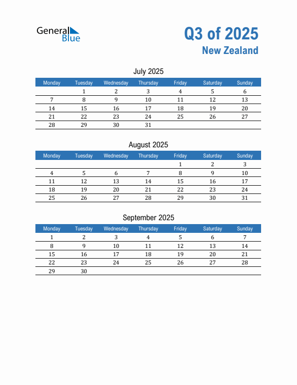 New Zealand Q3 2025 Quarterly Calendar with Monday Start