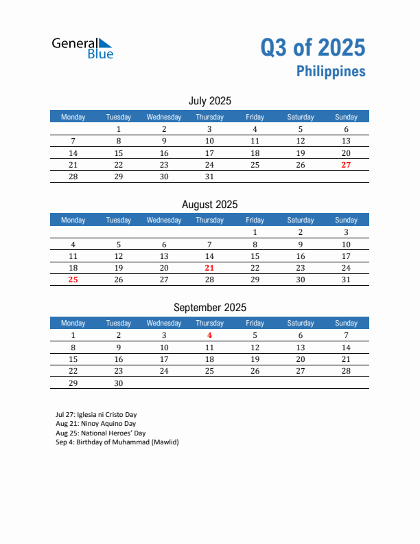 Philippines Q3 2025 Quarterly Calendar with Monday Start