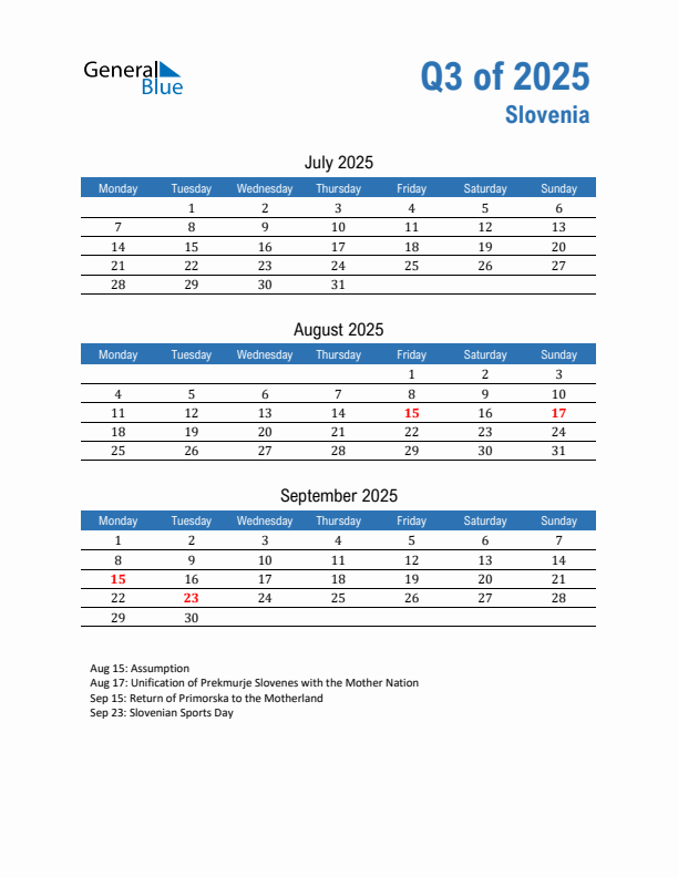 Slovenia Q3 2025 Quarterly Calendar with Monday Start