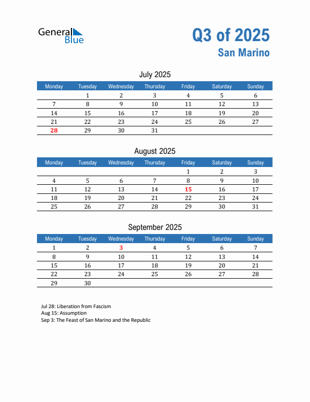 San Marino Q3 2025 Quarterly Calendar with Monday Start