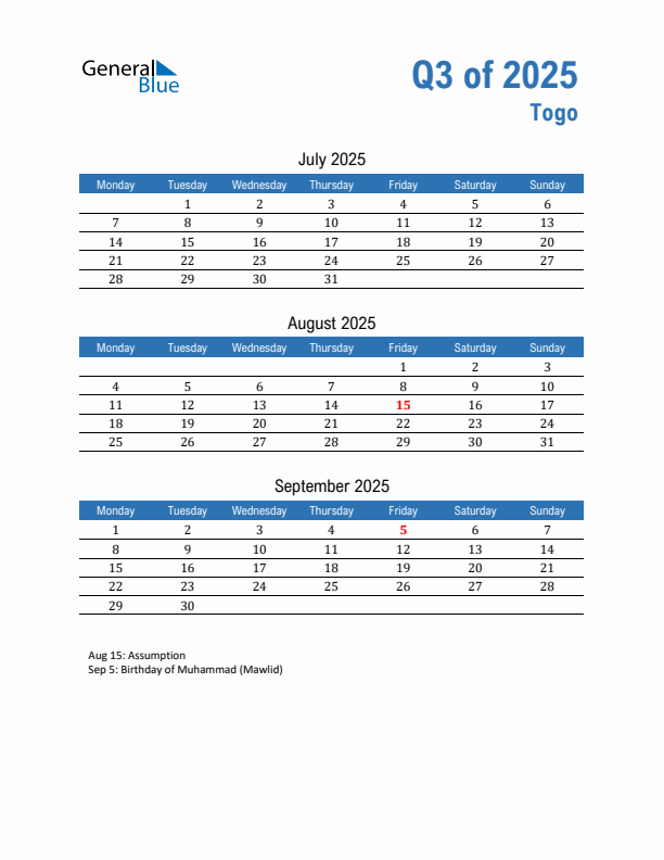 Togo Q3 2025 Quarterly Calendar with Monday Start