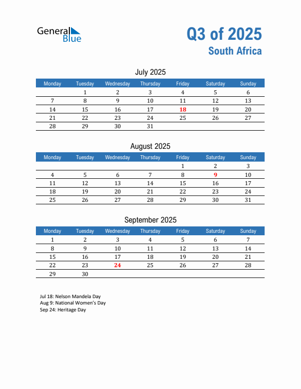 South Africa Q3 2025 Quarterly Calendar with Monday Start