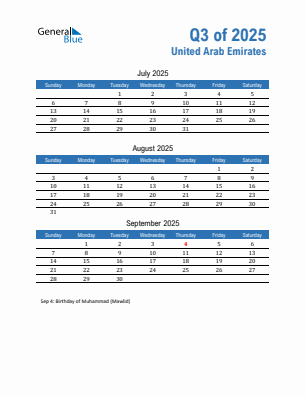 United Arab Emirates Quarter 3 2025 calendar template