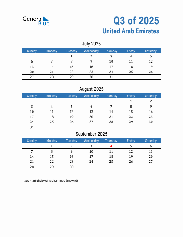 United Arab Emirates Q3 2025 Quarterly Calendar with Sunday Start