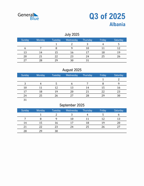 Albania Q3 2025 Quarterly Calendar with Sunday Start