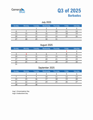 Barbados Quarter 3 2025 calendar template