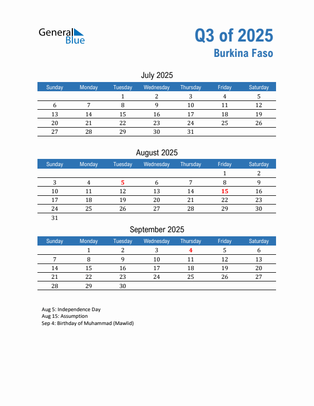 Burkina Faso Q3 2025 Quarterly Calendar with Sunday Start