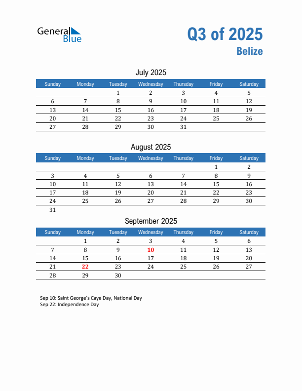 Belize Q3 2025 Quarterly Calendar with Sunday Start