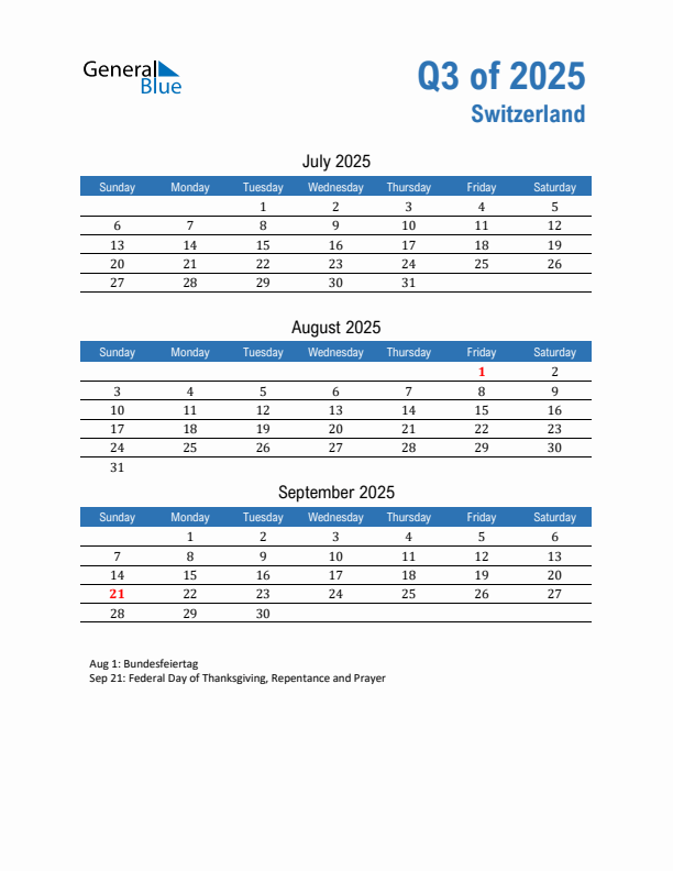 Switzerland Q3 2025 Quarterly Calendar with Sunday Start