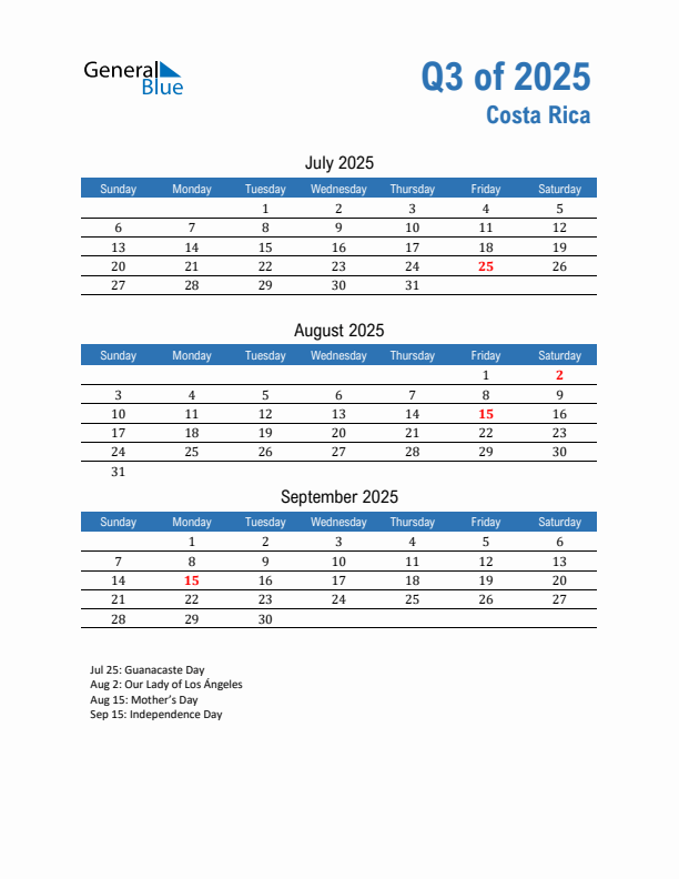 Costa Rica Q3 2025 Quarterly Calendar with Sunday Start