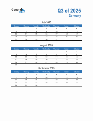Germany Quarter 3 2025 calendar template