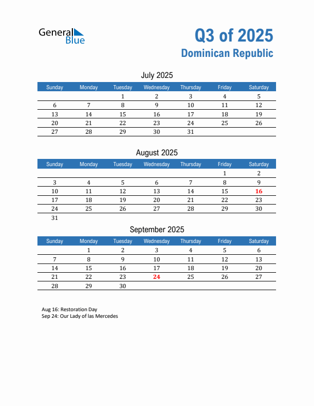 Dominican Republic Q3 2025 Quarterly Calendar with Sunday Start