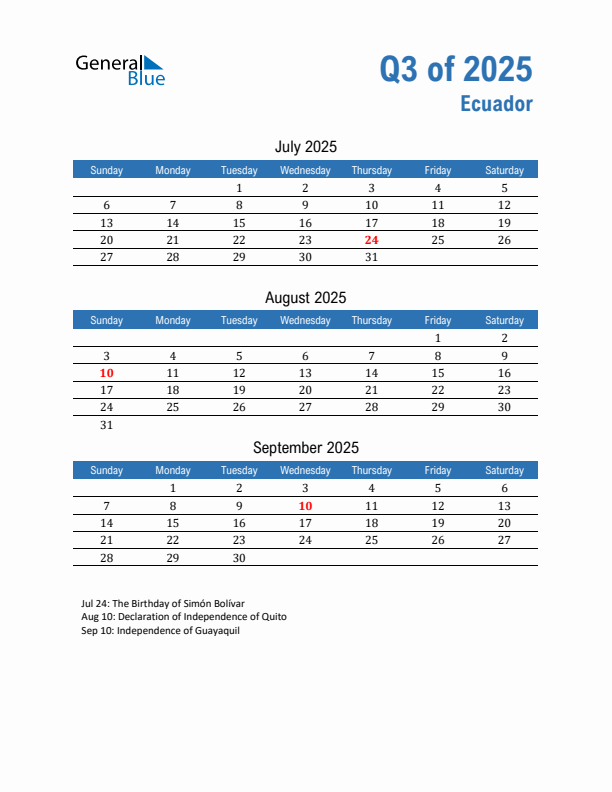 Ecuador Q3 2025 Quarterly Calendar with Sunday Start