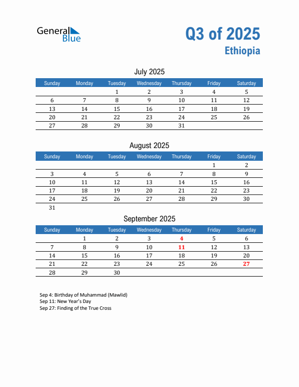 Ethiopia Q3 2025 Quarterly Calendar with Sunday Start