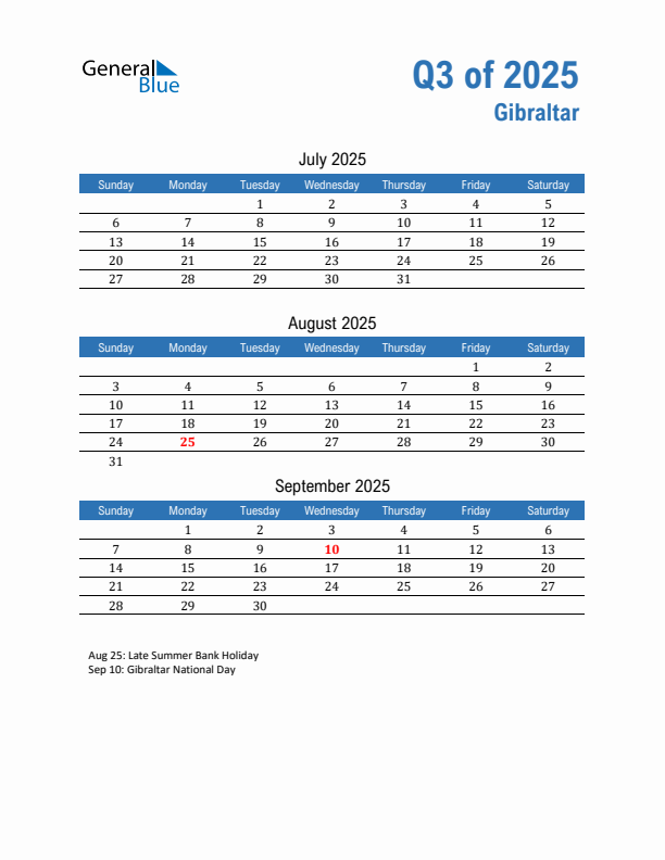 Gibraltar Q3 2025 Quarterly Calendar with Sunday Start