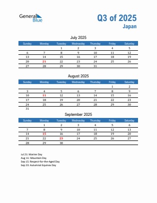 Japan Quarter 3 2025 calendar template
