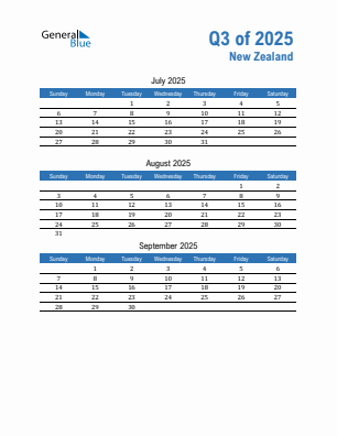 New Zealand Quarter 3 2025 calendar template