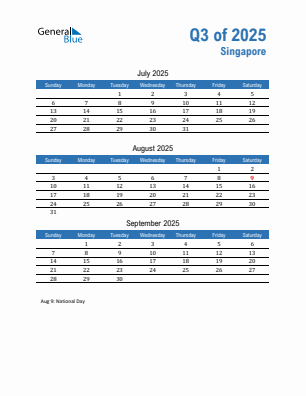 Singapore Quarter 3 2025 calendar template